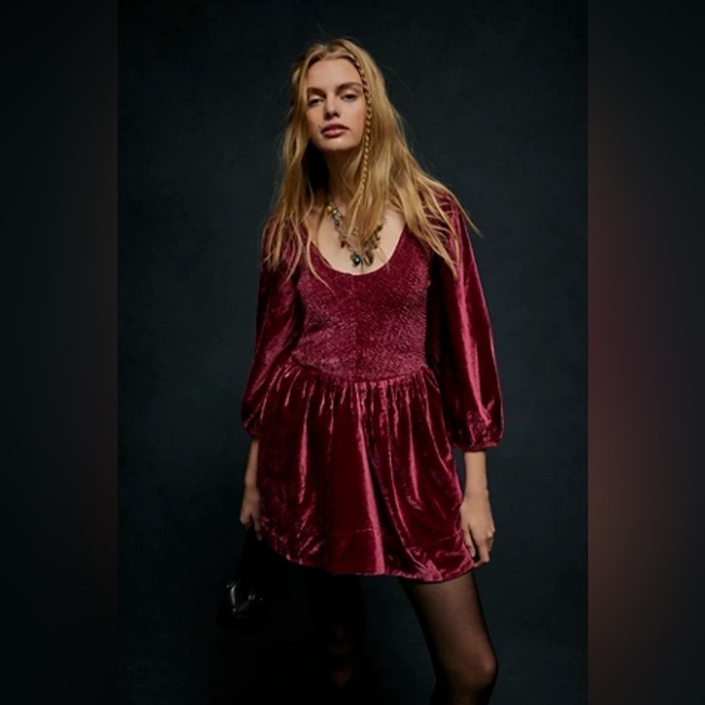Free People Farrier Velvet Mini Dress in Pink size S new long sleeve‎ - Picture 8 of 9